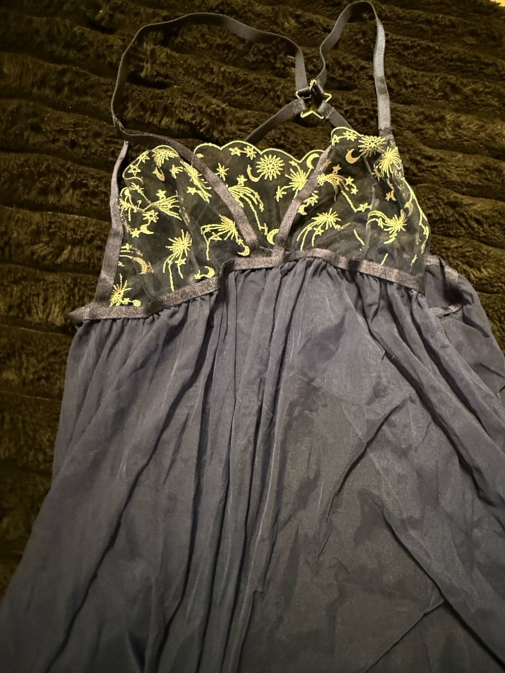 Navy Blue Floral Mesh Babydoll Nightgown